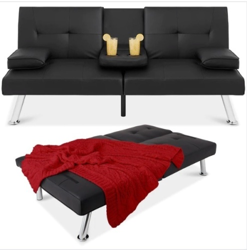 Faux Leather Upholstered Convertible Sofa Bed Futon w/ 2 Cupholders, Appears New - Lot 69