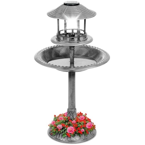 Solar Lighted Outdoor Pedestal Bird Bath w/ Planter, Decorative Bird Cage - Lot 148
