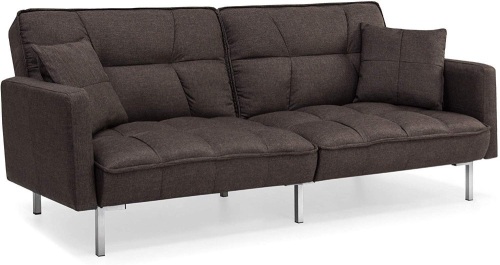 Best Choice Products Living Room Convertible Linen Fabric Tufted Splitback Sleeper Plush Futon Couch Furniture w/ Pillows - Brown - Lot 152
