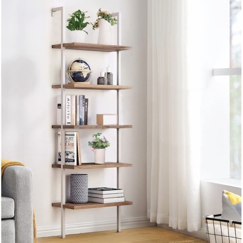 5-Shelf Wood Bookcase, Wall Mount Open Ladder Bookshelf Furniture with Metal Frame, Brown - Lot 237