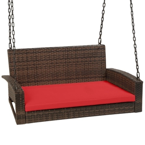 Woven Wicker Hanging Porch Swing Bench w/ Mounting Chains, Seat Cushion - Lot 387