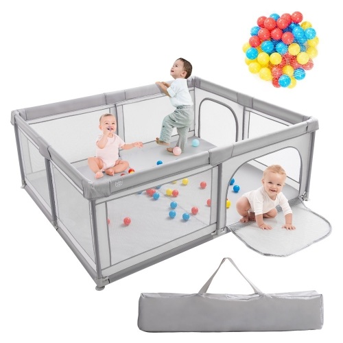 Baby Playpen Large Safety Kids Activity Center w/50 Ocean Balls Gray - Lot 439