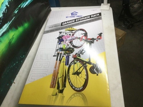 Mythinglogic Wall Mount Garage Storage Rack with Bike Storage Hook, Hanging Hooks and Basket - New - Lot 441