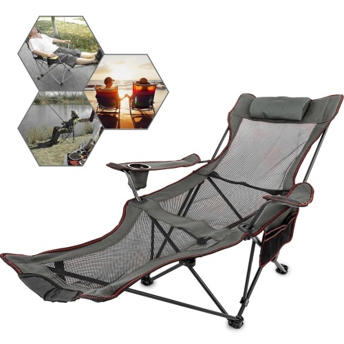 VEVOR Gray Mesh Folding Reclining Camp Chair with Footrest, Cup Holder and Storage Bag - Appears New  - Lot 1117