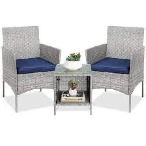 3-Piece Outdoor Patio Wicker Bistro Set w/ Side Storage Table - Lot 3819