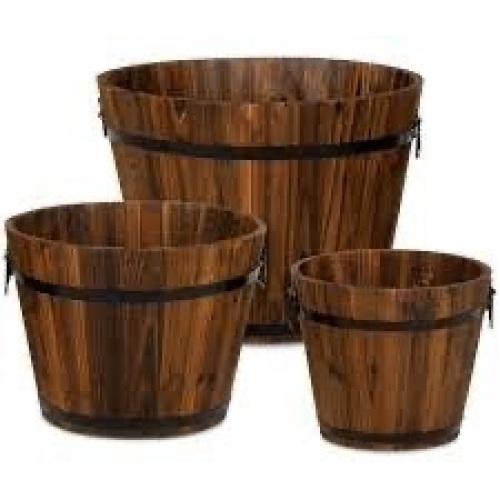 Set of 3 Rustic Wood Bucket Barrel Garden Planters Set w/ Drainage Holes - Lot 3846