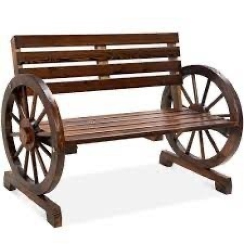 2-Person Rustic Wooden Wagon Wheel Bench w/ Slatted Seat and Backrest - Lot 3876