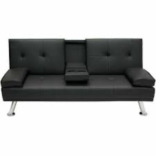 Faux Leather Upholstered Convertible Sofa Bed Futon w/ 2 Cupholders - Lot 3893