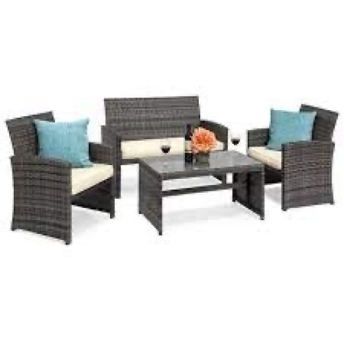4-Piece Outdoor Wicker Conversation Patio Set w/ 4 Seats, Glass Table Top - Lot 3977