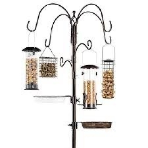 Bird Feeding Station, 6-Hook Steel Multi-Feeder Stand w/ 4 Feeders - 89in - Lot 4030