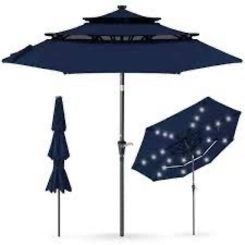 3-Tier Solar Patio Umbrella w/ LED Lights, Tilt Adjustment, Crank - 10ft - Lot 4046