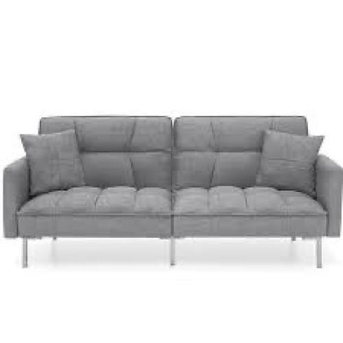 Convertible Linen Tufted Futon w/ 2 Plush Pillows, Split-Back Design - Lot 4038