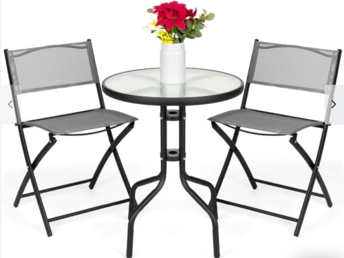 3-Piece Bistro Set w/ Glass Table, 2 Foldable Chairs, Like New, Retail - $89.99 - Lot 58