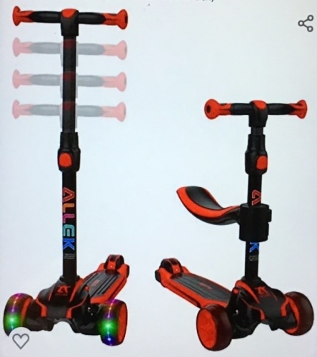 Allek 2-in-1 Kids Kick Scooter D01, Anti Skid 3 Wheel Light UpPush Scooter with Height Adjustable and Removable Seat forBoys Girls 3-12yrs (Dual Color Red-Black), Like New, retail -$89.97 - Lot 69
