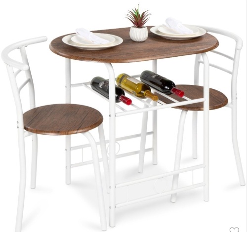Best Choice Products 3-Piece Wood Dining Room Round Table &Chairs Set w/ Steel Frame, Built-In Wine Rack - White/Brown, Like New, Retail - $99.99 - Lot 108