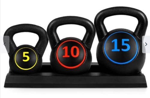 3-Piece Kettlebell Exercise Fitness Weight Set w/ Storage Rack, Like New, retail - $49.99 - Lot 109