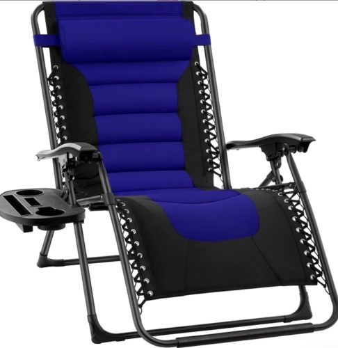 Oversized Padded Zero Gravity Chair, Folding Recliner w/ Headrest, Side Tray, Like New, Retail - $84.99 - Lot 121