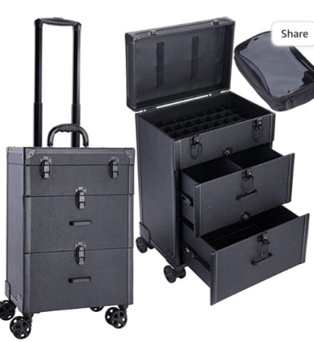 Frenessa Rolling Nail Case Wheeled Manicure Storage Case PolishOrganizer Professional Makeup Trolley for Studio or TravellingNail Technician Artists Cosmetologist Stylist Black Vegan Leather, Like New, retail - $139.99 - Lot 123
