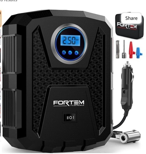 FORTEM Tire Inflator Portable Air Compressor 150 PSI, Bike Pump, 12VElectric Air Pump for Car Tires and Bicycles w/LED Light, Digital Tire Pressure Gauge W/Auto Pump/Shut Off, Carrying Case (Black), Like New, Retail - $29.99 - Lot 163