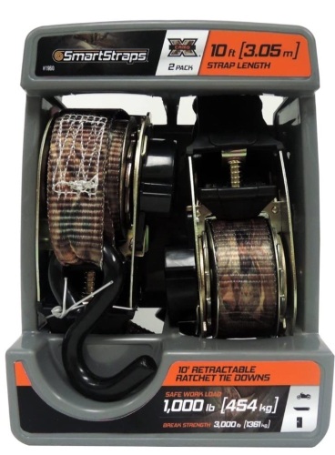 SMARTSTRAPS 10' Retractable Ratchet Straps, 2 Pack - HeavyDuty Camo Ratchet Straps, 3,000lb Break Strength, 1,000lb Safe Work Load - Haul 7,000 b [454 kg) Motorcycles, Boats, and Appliances with PatentedTechnology, New, Retail - $29.60 - Lot 185