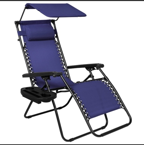 Best Choice Products Folding Zero Gravity Recliner Patio LoungeChair w/ Canopy Shade, Headrest, Side Tray - Navy Blue, Like New, Retail - $69.99 - Lot 206