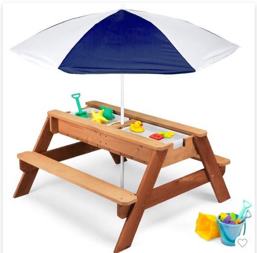 Best Choice Products Kids 3-in-1 Outdoor Convertible WoodActivity Sand & Water Picnic Table w/ Umbrella - Navy, Like New, Retail - $114.99 - Lot 294