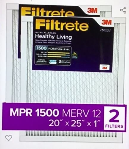 Filtrete 20x25x1, AC Furnace Air Filter, MPR 1500, HealthyLiving Ultra Allergen, 2-Pack (exact dimensions 19.719 x24.688 × 0.78), Like New, Retail - $35.09 - Lot 313