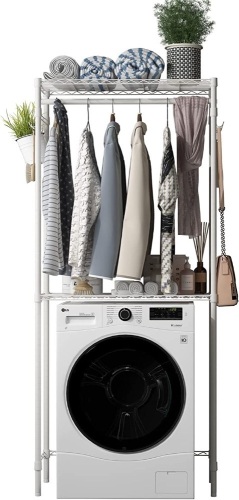 Xiofio Over The Washer and Dryer Storage Shelf 2 Tier Adjustable Height ShelvingUnits and Side Hook Laundry Shelves Used for Bathroom Bedroom BalconyDrying Rack Towel Rack Handbag Rack, White, Like New, Retail - $68.99 - Lot 319