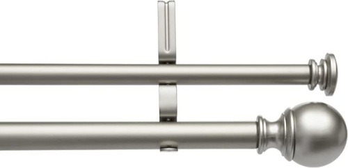 Amazon Basics 1- Inch Double Extendable Curtain Rods with Round Finials Set, 72 to 144 Inch, Nickel, Like New, Retail - $33.64 - Lot 321