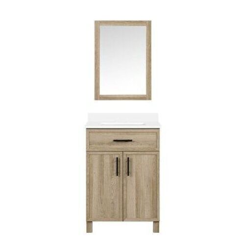 24" Natural Oak Bathroom Vanity with White Engineered Stone Top and Mirror - Lot 95
