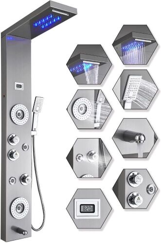ELLO&ALLO Stainless Steel LED Rainfall Waterfall Shower Head 6-Function Faucet Rain Massage System with Body Jets, Brushed Nickel - Needs Cleaned - Lot 270