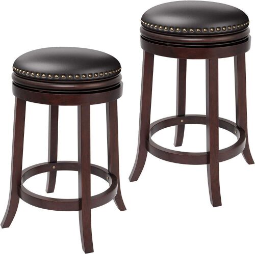 Furgle 25-inch Solid Wood Upholstered Backless Bar Stool PU Leather Cushioned Seat w/Brass Nailhead Studs, Set of 2  - Lot 488