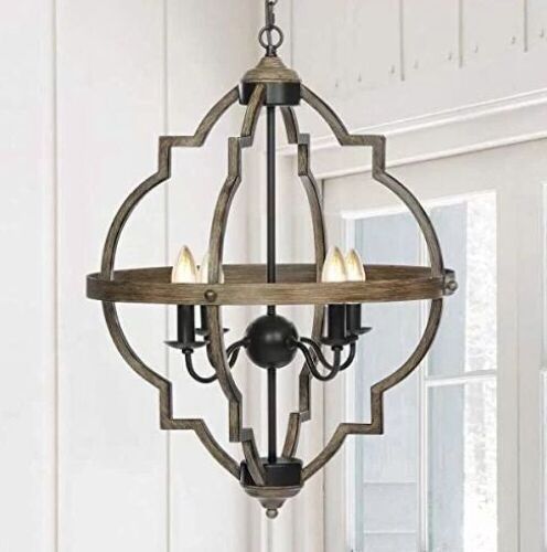 KingSo Industrial 4 Light Rustic Metal Chandelier 27.5" Oil Rubbed Bronze Finish Wood Texture  - Lot 624