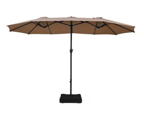 15' Market Double Sided Patio Umbrella with Crank & Base, Tan  - Lot 634