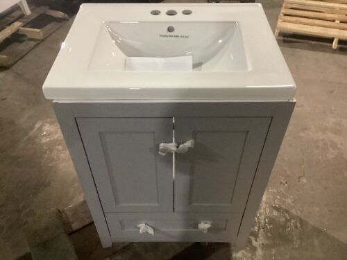 Gray Bathroom Vanity with White Top - Damaged - Lot 380