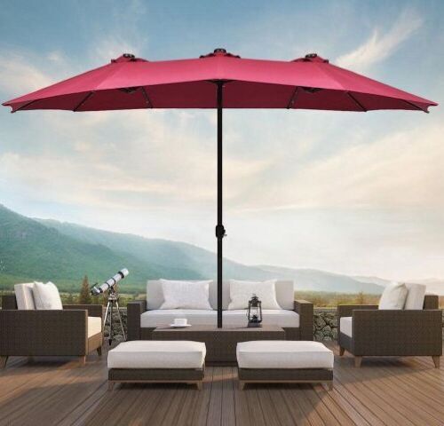 15 ft. Steel Frame Market Solar LED Patio Umbrella with 36-Lights in Burgundy - Lot 77