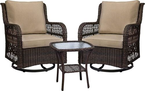 3 Piece Outdoor Wicker Swivel Rocker Patio Set with Glass Top Table - Lot 101