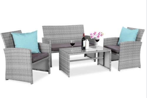 4-Piece Outdoor Wicker Conversation Patio Set w/ 4 Seats, Glass Table Top, Gray/Gray, Appears New - Lot 17