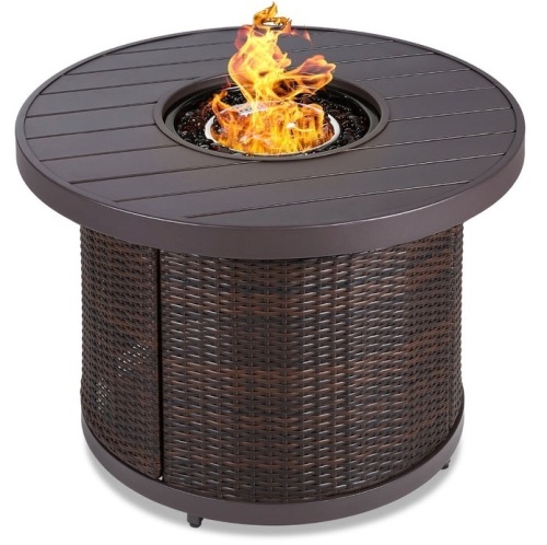 Round Fire Pit Table, 50,000 BTU Outdoor Wicker Firepit w/ Cover - 32in, Brown, Appears New - Lot 22