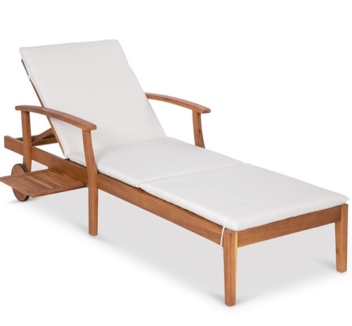 Adjustable Acacia Wood Chaise Lounge Chair w/ Side Table, Wheels - 79x26in, Cream, Appears New - Lot 98