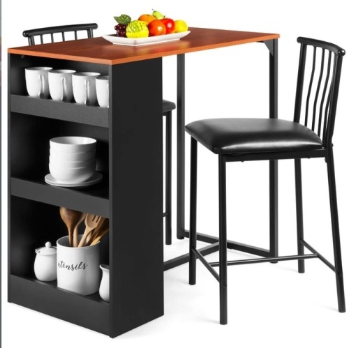 3-Piece Counter Height Kitchen Dining Table Set w/ Storage Shelves, Espresso, Appears New - Lot 111