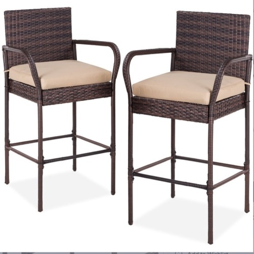 Set of 2 Indoor Outdoor Wicker Bar Stools w/ Cushion, Footrests, Armrests, Brown, E-Commerce Return, May Be Missing Hardware - Lot 119