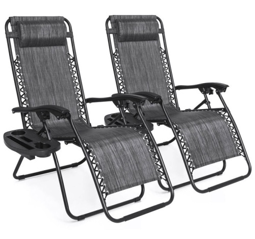Set of 2 Adjustable Zero Gravity Patio Chair Recliners w/ Cup Holders, Gray, Appears New - Lot 139