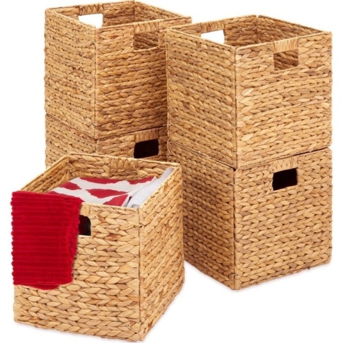 Set of 5 Collapsible Hyacinth Storage Baskets w/ Inserts - 12x12in, Natural, Appears New - Lot 140