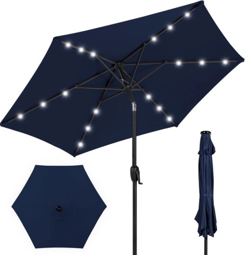 Outdoor Solar Patio Umbrella w/ Push Button Tilt, Crank Lift - 7.5ft, Navy Blue, Appears New - Lot 156