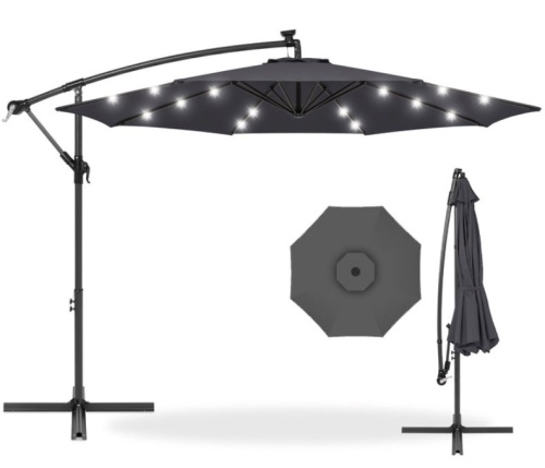 Solar LED Offset Hanging Patio Umbrella w/ Crank Tilt Adjustment - 10ft, Gray, E-Commerce Return/Appears New - Lot 164
