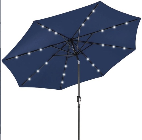 Solar LED Lighted Patio Umbrella w/ Tilt Adjustment, UV-Resistance - 10ft, Navy Blue, Appears New - Lot 175