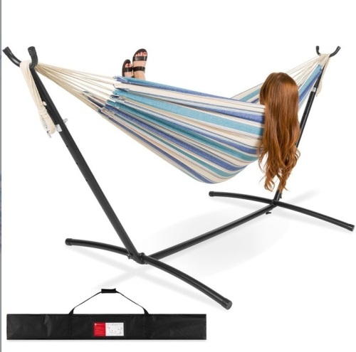 2-Person Brazilian-Style Double Hammock w/ Carrying Bag and Steel Stand, Ocean, Appears New/Damaged Box - Lot 195
