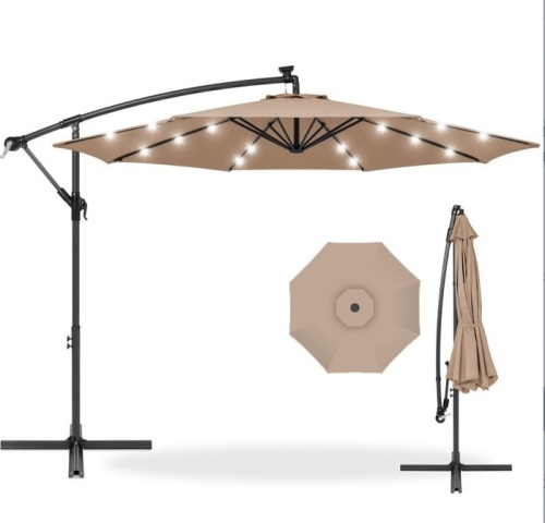 Solar LED Offset Hanging Patio Umbrella w/ Crank Tilt Adjustment - 10ft, Tan, Appears New - Lot 292