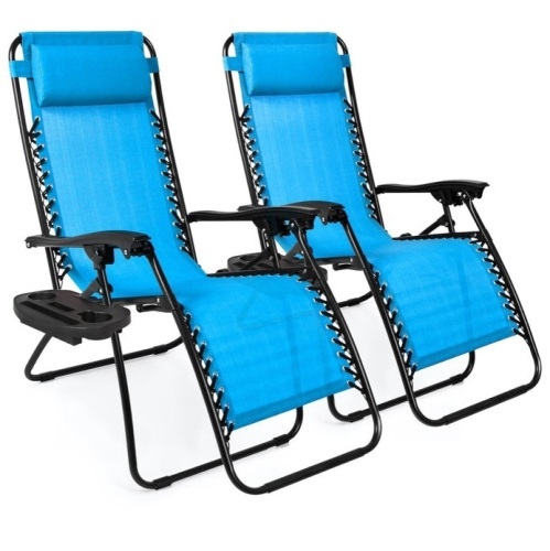 Set of 2 Adjustable Zero Gravity Patio Chair Recliners w/ Cup Holders, Aqua Blue, Appears New/Damaged Box - Lot 327